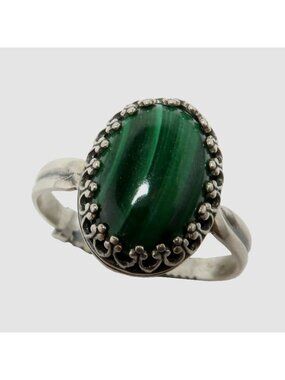Malachite Ring Green Grace Gem Oval Sterling Silver Adjustable Size 5 to 8 Boho